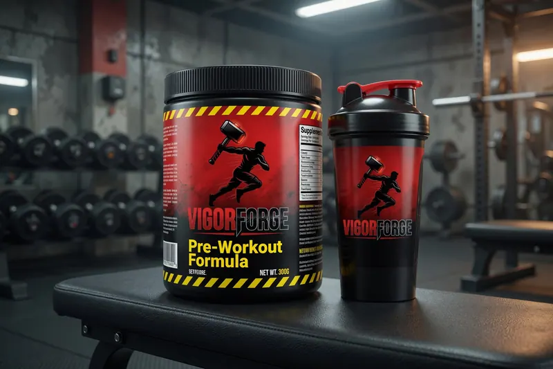 Pre-workout Vigor Forge con shaker en un gimnasio, branding de producto por Fruttiflow
