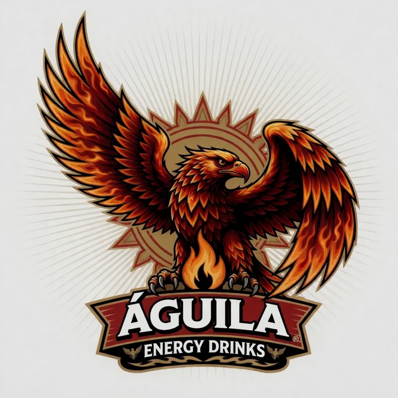 Águila anaranjada en llamas sobre fondo de rayos y sol. Texto: ÁGUILA ENERGY DRINKS. Diseño dinámico y energético.