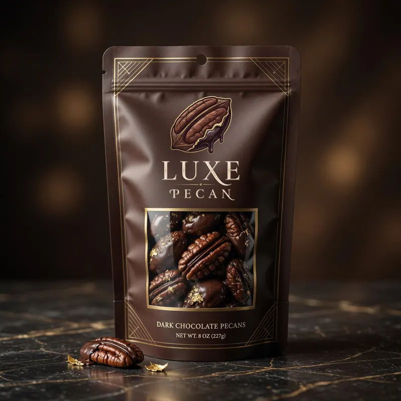 Bolsa de pecanas cubiertas de chocolate negro "Luxe Pecan" sobre fondo oscuro. Texto: "Dark Chocolate Pecans, Net Wt. 8 oz (227g)".