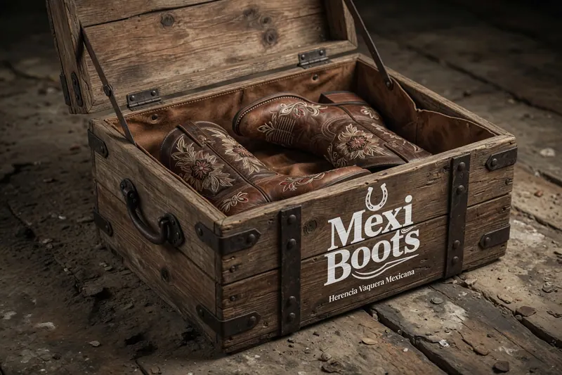 Botas marrones bordadas en una caja de madera rústica con el texto "Mexi Boots". Fondo de suelo de madera desgastada.