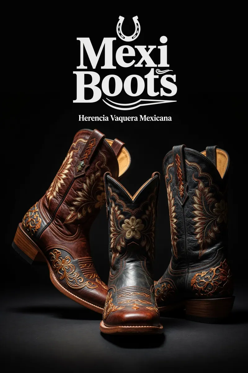 Botas vaqueras marrón y negro con bordados florales, sobre fondo negro. Texto: Mexi Boots, Herencia Vaquera Mexicana.