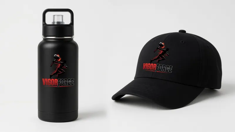 Botella negra y gorra con logo de martillo y texto "VIGOR FORGE" en rojo y negro. Fondo blanco. Diseño audaz y enérgico.