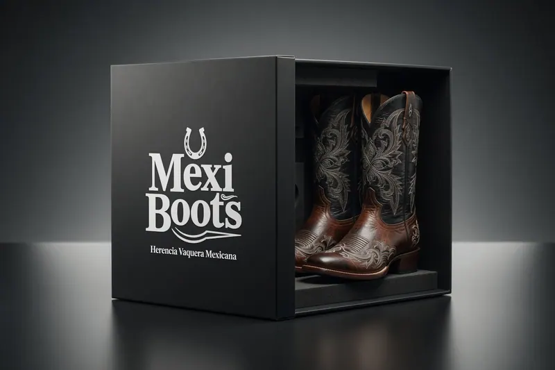Caja negra de "Mexi Boots" abierta mostrando botas vaqueras marrones con bordado floral. Fondo gris oscuro, estilo elegante.