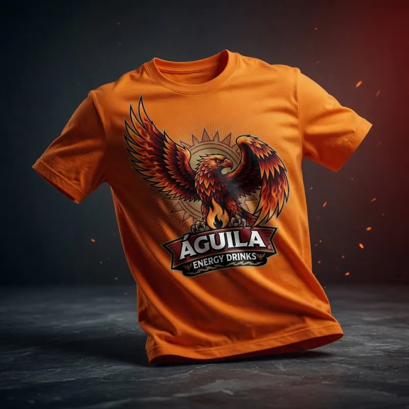 Camiseta naranja con águila roja y negra y texto "Águila Energy Drinks". Fondo oscuro con chispas naranjas flotando.