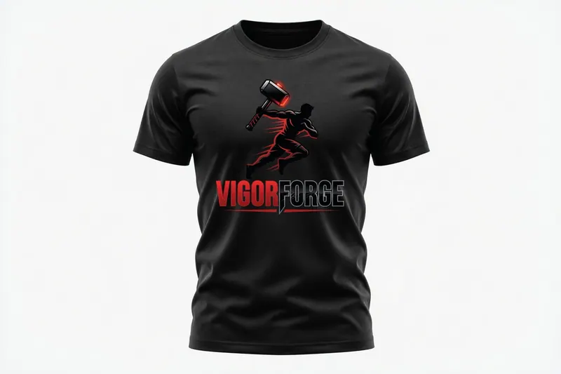 Camiseta negra con diseño de un hombre con martillo en rojo y blanco. Texto "VIGOR FORGE" en rojo y negro. Fondo blanco.