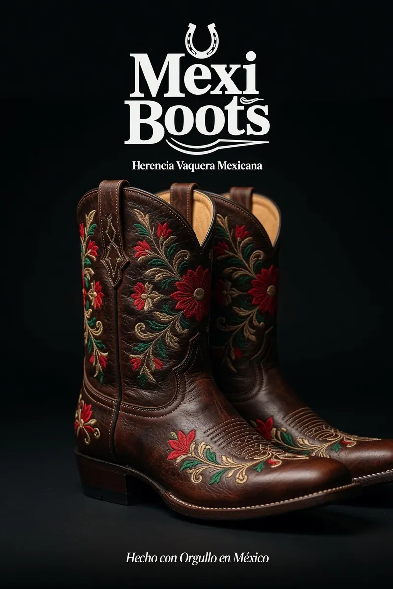 Botas vaqueras de cuero marrón con bordado floral rojo y verde, fondo negro. Texto: Mexi Boots, Herencia Vaquera Mexicana.