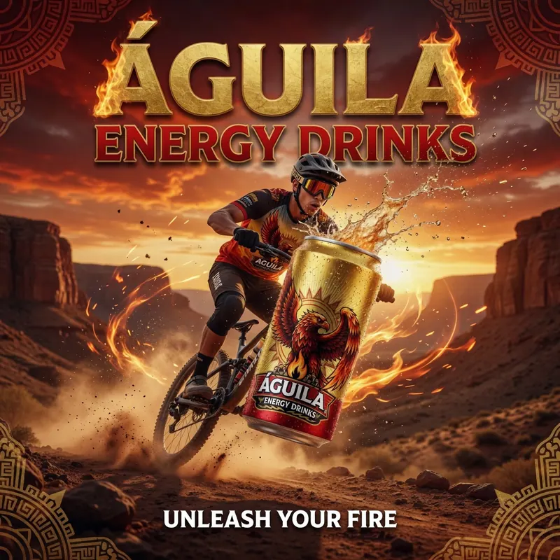 Ciclista con casco desciende montaña ardiente al atardecer. Lata de bebida energética Águila en primer plano. Texto: "UNLEASH YOUR FIRE".