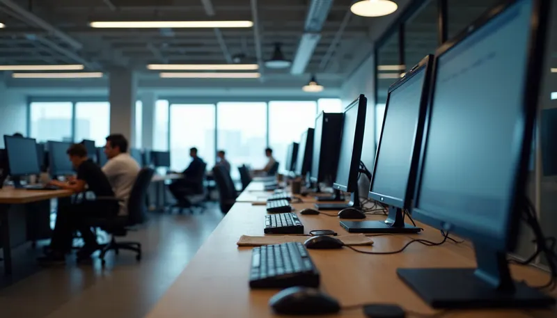 Vista frontal de una oficina moderna con diseñadores trabajando en computadoras