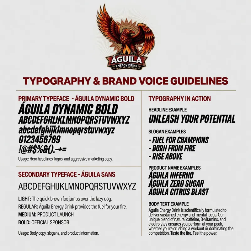 Directrices de tipografía de Águila Energy Drink con texto y ejemplo de logotipo. Tipos de letra destacados: Águila Dynamic Bold y Águila Sans. Emocionante.