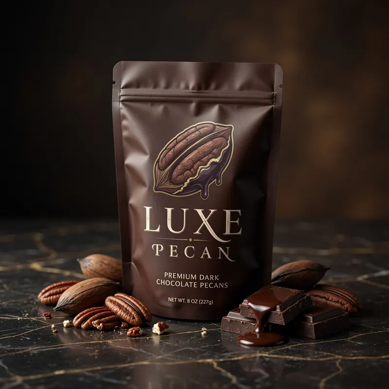 Empaque de nueces pecanas con chocolate Luxe Pecan, branding y packaging por Fruttiflow