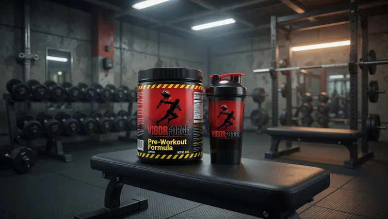 Envase de suplemento pre-workout Vigor Forge en un gimnasio, proyecto de branding de Fruttiflow