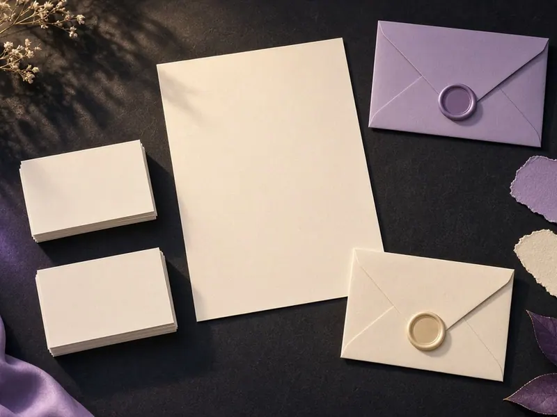 Muestras de identidad de marca: papelería, tarjetas y paleta de colores en tonos morados