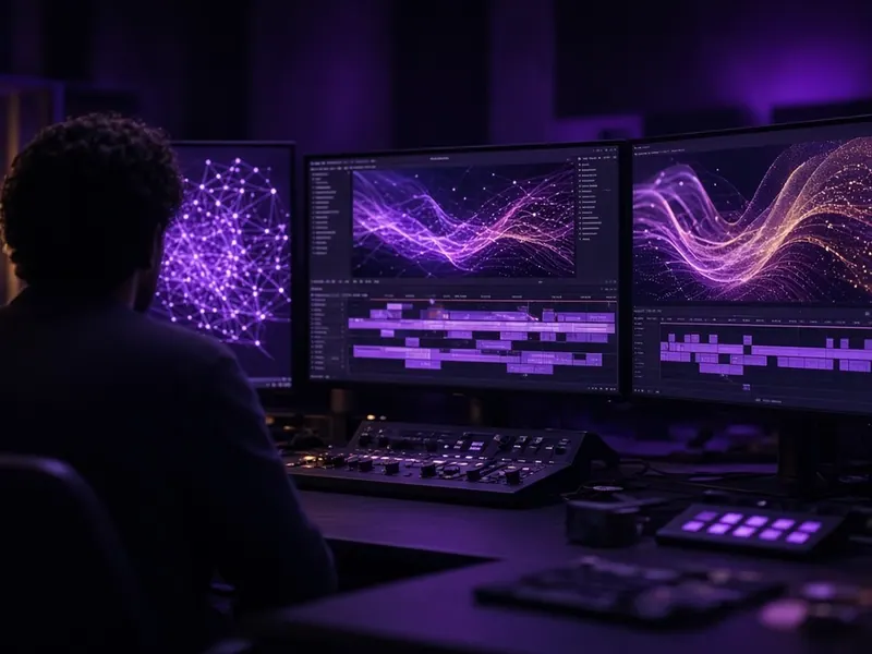 Estación de edición de video con inteligencia artificial y pantallas iluminadas en morado