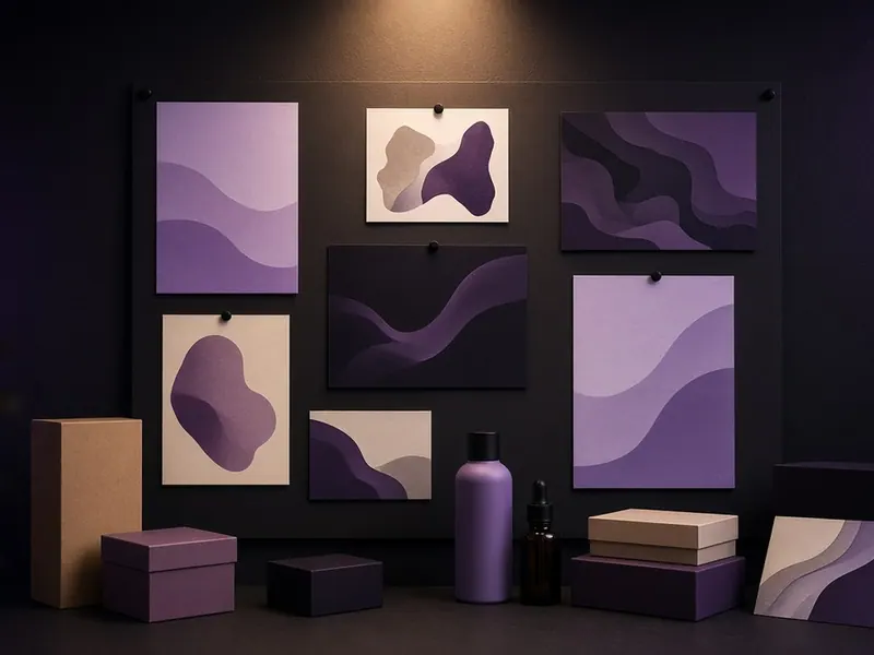 Moodboard con piezas de marca, empaques y muestras de diseño sobre una superficie oscura