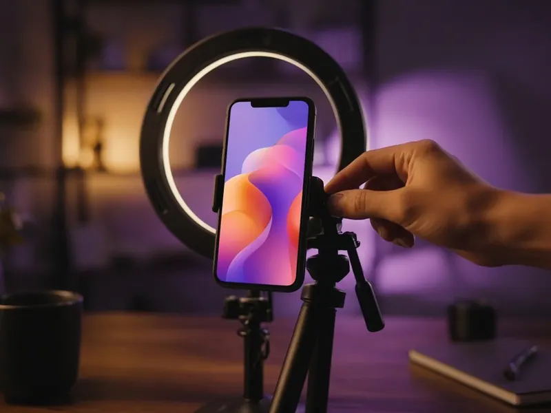 Celular sobre un tripié con aro de luz listo para crear contenido para redes sociales