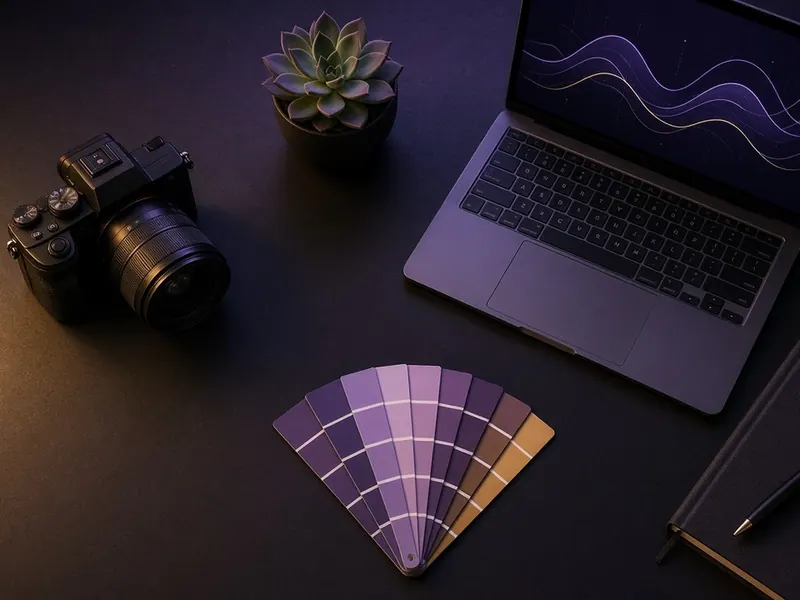 Herramientas de marketing sobre una mesa oscura: cámara, laptop con gráficas y muestras de color