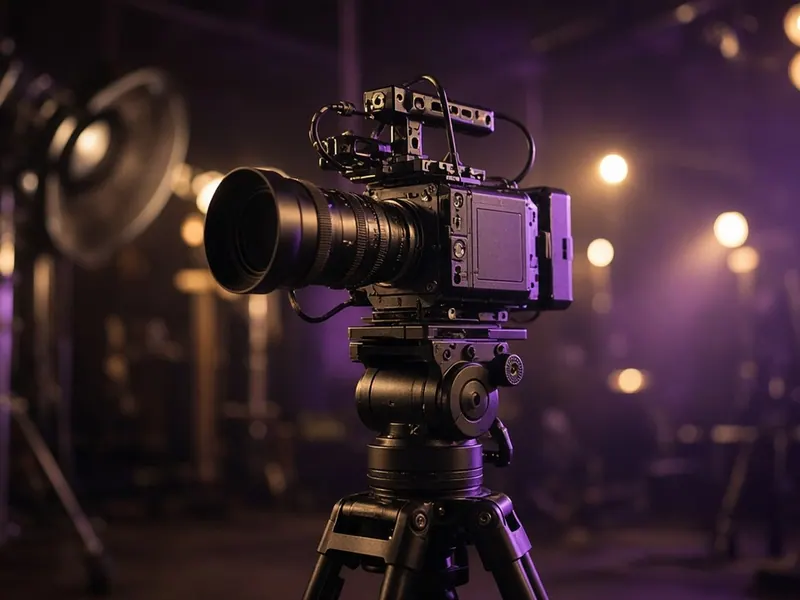 Cámara de cine grabando en un set de producción con luces cálidas y moradas