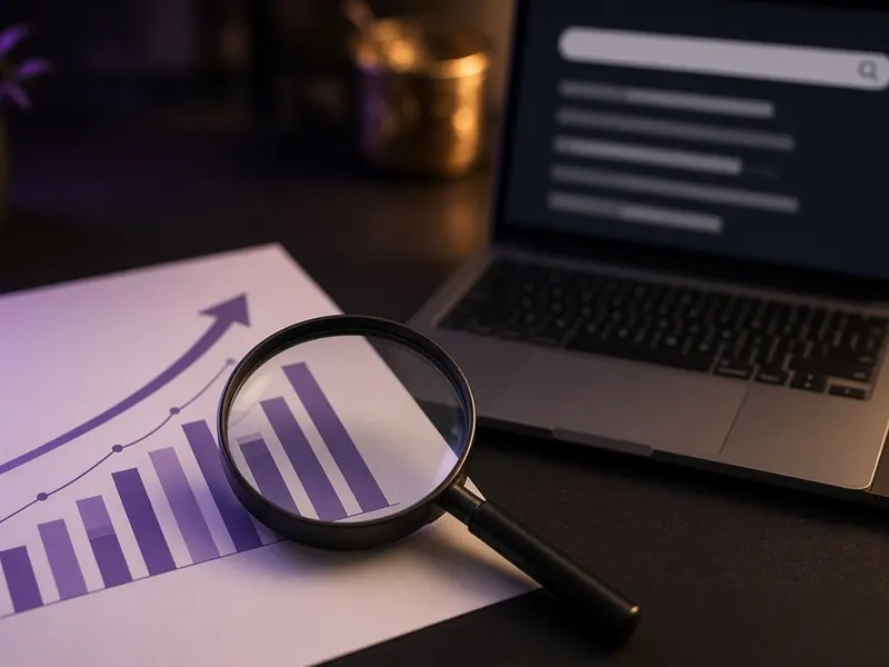 Lupa sobre gráficas de crecimiento que representa el posicionamiento SEO en buscadores