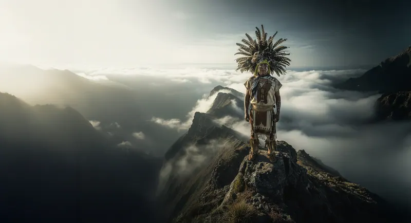 Guerrero prehispánico sobre una montaña entre nubes, producción de video en Chihuahua