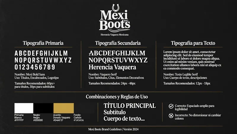 Guía de estilo de Mexi Boots con tipos de letra: primaria Mexi Bold Sans, secundaria Vaquero Serif y texto Legible Serif. Fondo negro.