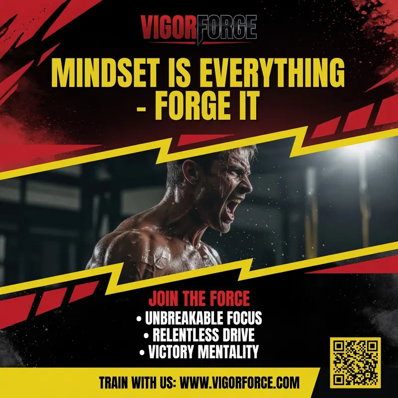 Hombre musculoso gritando en el gimnasio, fondo oscuro. Texto motivacional "Mindset is Everything - Forge It". Colores rojo y amarillo.