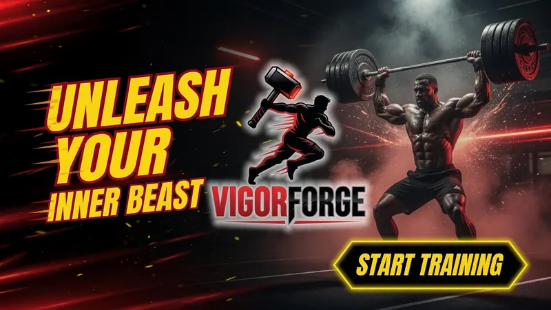 Hombre musculoso levanta pesas en gimnasio con fondo oscuro y luces rojas. Texto: "UNLEASH YOUR INNER BEAST", "VIGORFORGE", "START TRAINING".