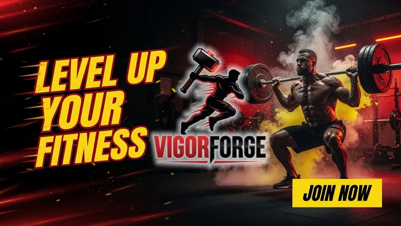 Hombre musculoso levantando pesas en gimnasio oscuro con humo rojo y amarillo. Texto: "Level Up Your Fitness" y "Vigor Forge". Botón: "Join Now".