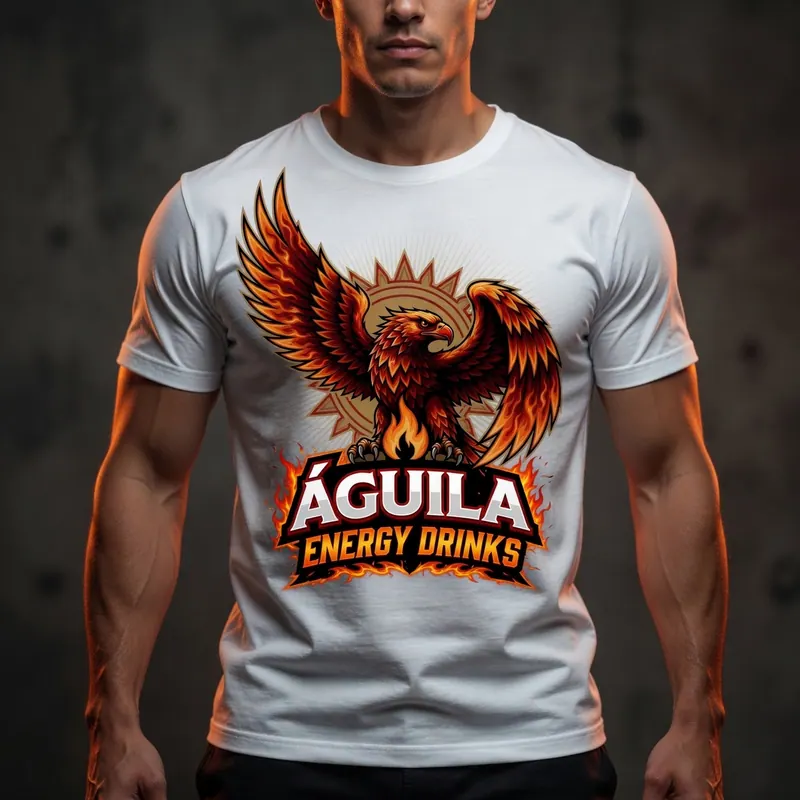 Hombre vistiendo camiseta blanca con diseño de águila ardiente y texto "ÁGUILA ENERGY DRINKS". Fondo oscuro, estilo enérgico.