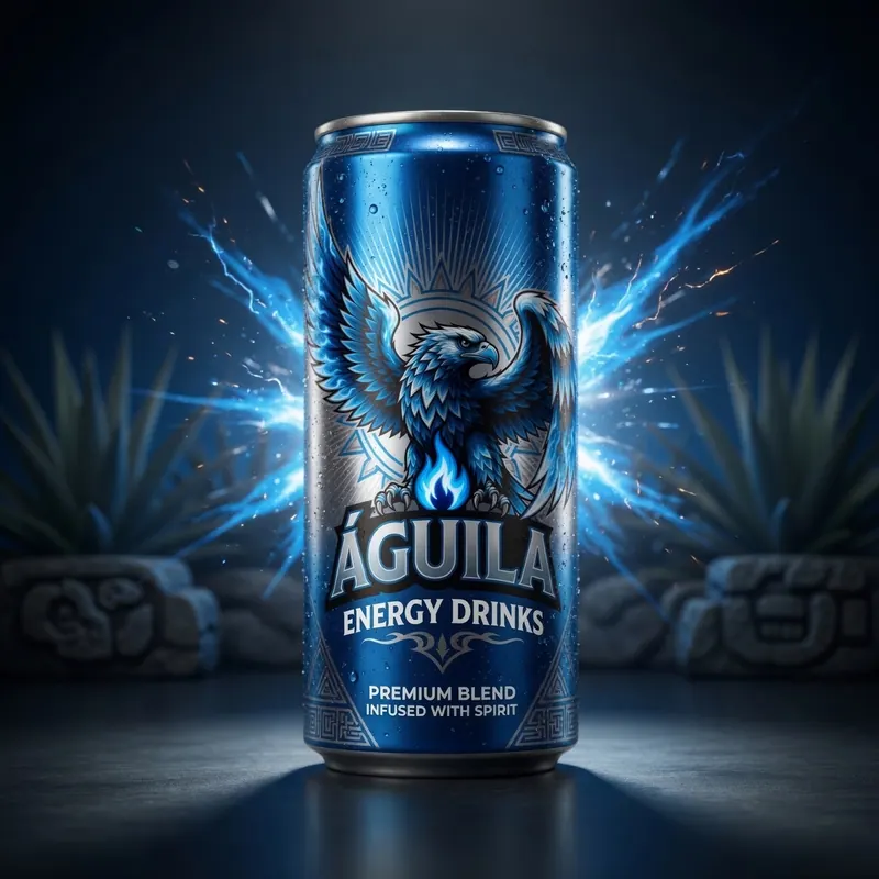 Lata de bebida energética "Águila" azul con diseño de águila, explosión azul detrás, fondo oscuro y plantas; texto: "Premium Blend".