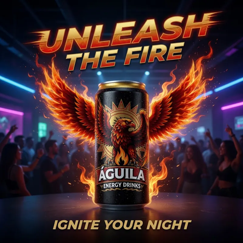 Lata de bebida energética Águila con alas de fuego. Fondo de discoteca con gente bailando. Texto: "UNLEASH THE FIRE, IGNITE YOUR NIGHT".