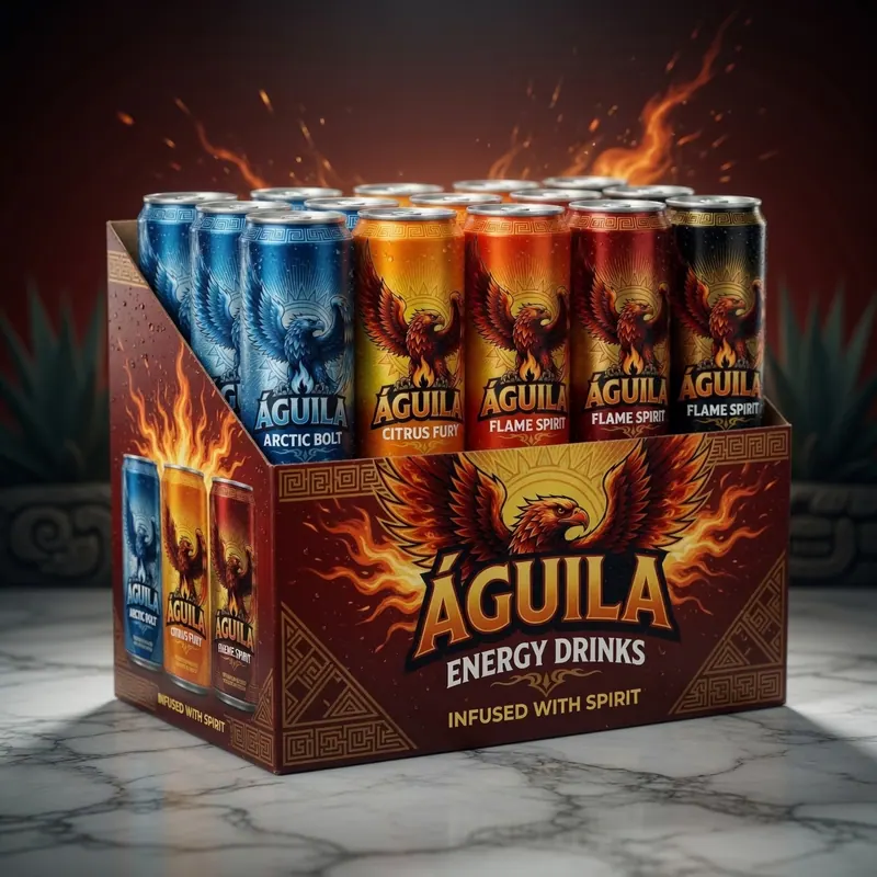 Lata de bebidas energéticas Águila en caja decorada con llamas y un águila en colores azul, naranja y rojo. Texto: Águila, Infused with Spirit.