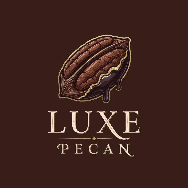 Logotipo de Luxe Pecan con nuez en tonos marrones y chocolate goteando. Fondo oscuro. Texto elegante al pie. Ambiente refinado.