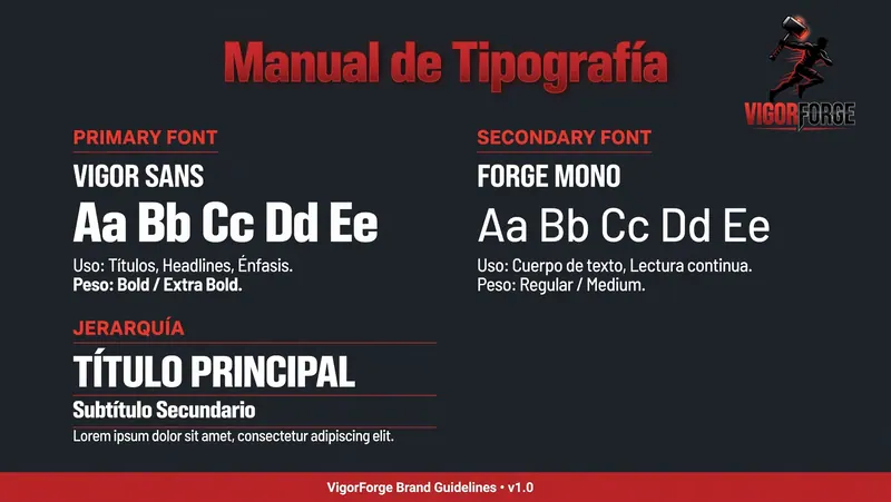 Manual de tipografía con fuentes Vigor Sans y Forge Mono. Detalles de uso y peso. Fondo oscuro, texto principal en rojo llamativo.