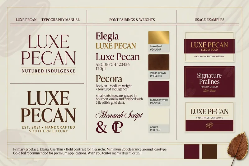 Manual de tipografía Luxe Pecan. Incluye nombres de fuentes, paletas de colores (dorado, marrón, burdeos, crema) y ejemplos de uso.