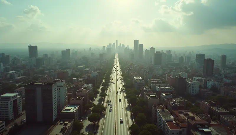 Vista aérea de una ciudad mexicana con tecnología digital superpuesta