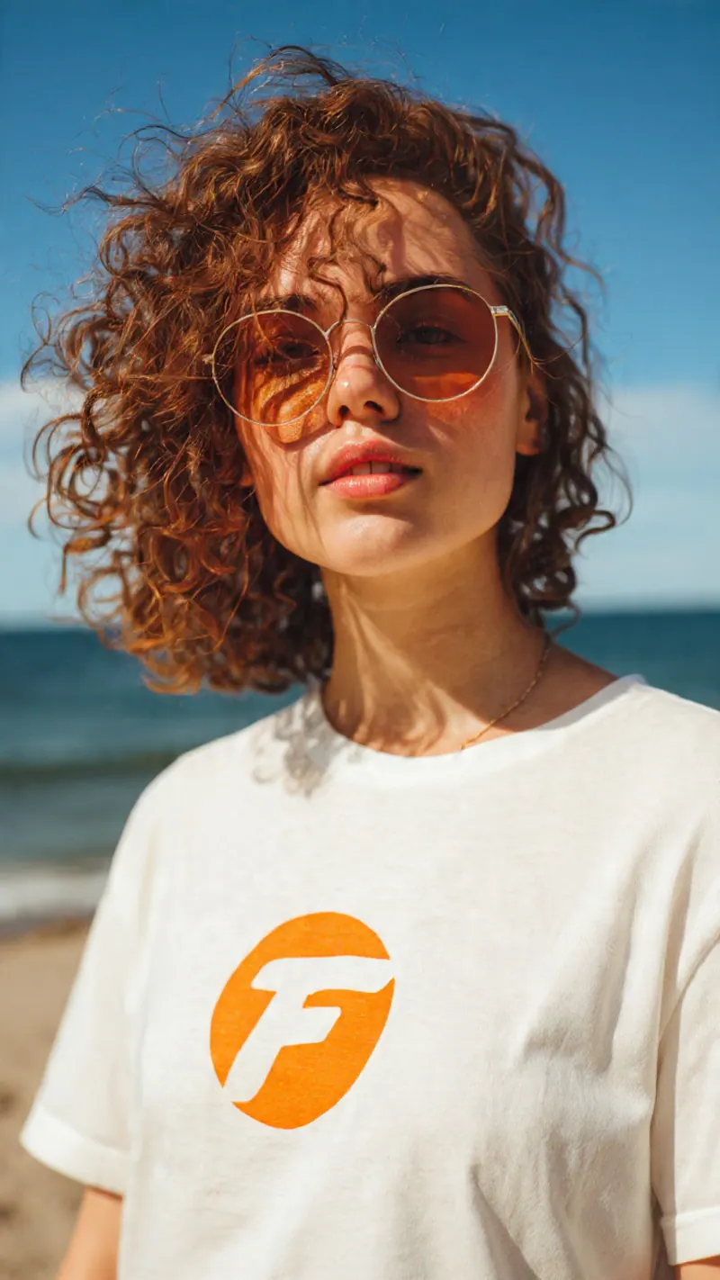 Mujer joven de cabello rizado con lentes de sol en la playa, fotografía para campaña en redes sociales