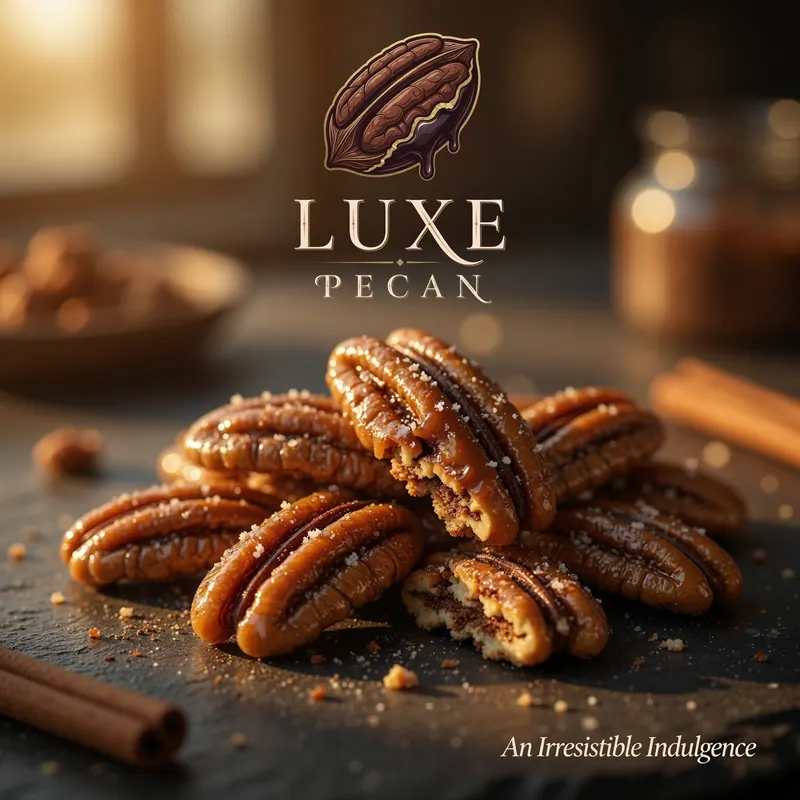 Nueces pecanas acarameladas apiladas en una mesa, con texto "Luxe Pecan". Fondo cálido y difuminado, canela al lado. Atmosfera acogedora.