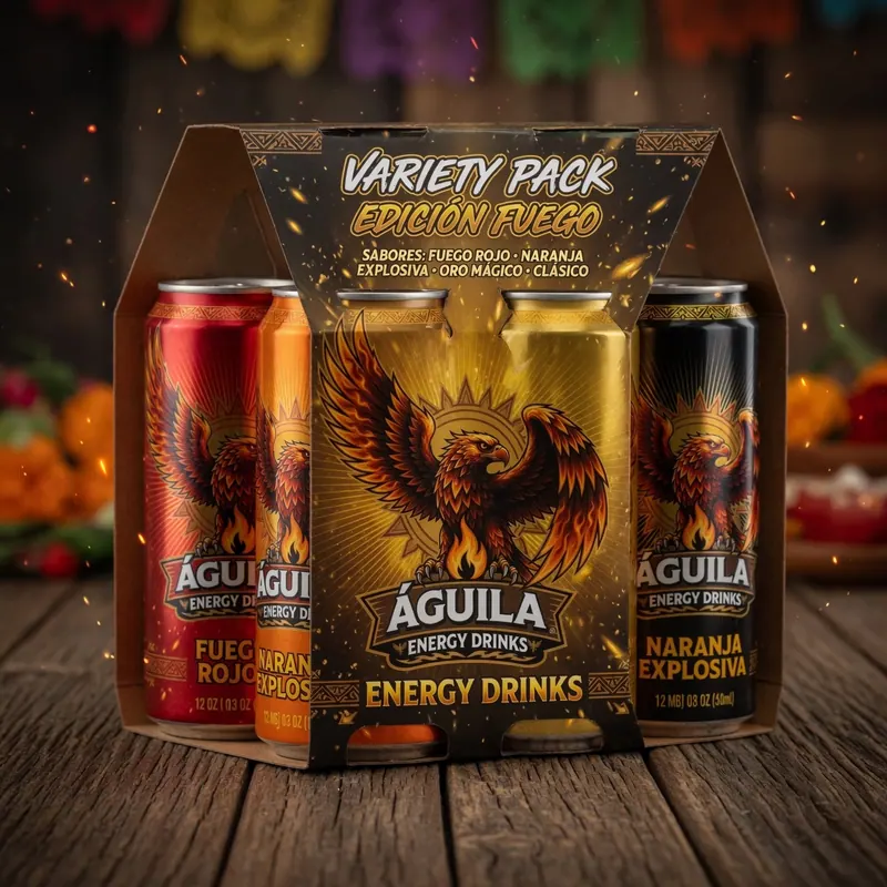 Pack de bebidas energéticas Águila "Edición Fuego" sobre mesa de madera. Latas coloridas: rojo, naranja, y negro. Fondo difuminado.