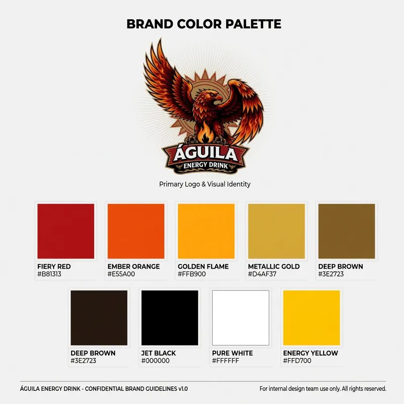 Paleta de colores de "Águila Energy Drink" con logo de águila. Incluye rojo, naranja, dorado, marrón, negro y blanco. Texto: "Brand Color Palette".