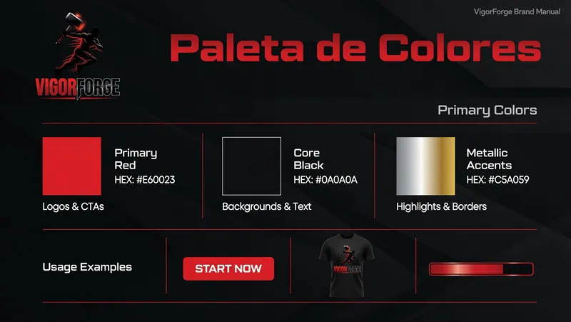 Paleta de colores de VigorForge con rojo primario, negro y acentos metálicos. Incluye ejemplos de uso y botón "START NOW". Fondo negro.