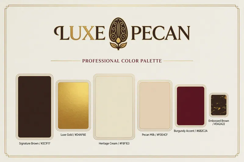 Paleta de colores "Luxe Pecan" con cinco tonalidades: marrón, dorado, crema, burdeos y marrón con texturado. Texto y diseño elegante.