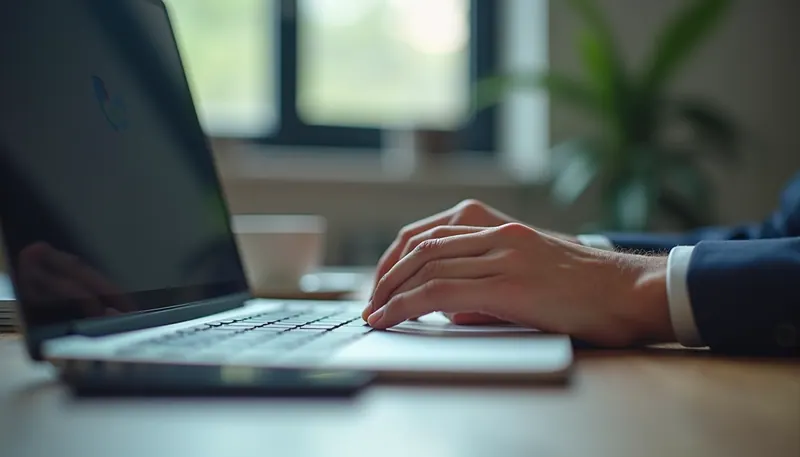 Plano detalle de manos trabajando en computadora con gráficos de marketing