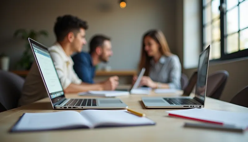 Plano detalle de una reunión creativa en una agencia de publicidad con laptops y notas