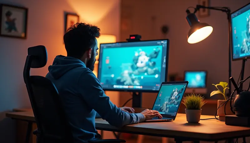 Plano medio de un animador trabajando en computadora en un estudio de Chihuahua