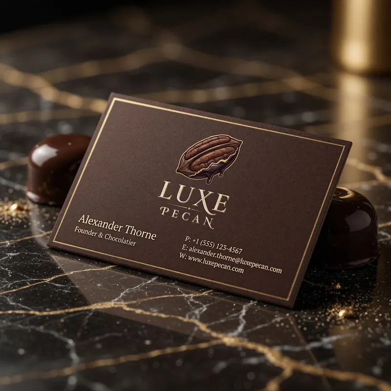 Tarjeta de presentación marrón sobre mesa de mármol con patrón dorado. Texto dice "Luxe Pecan", detalles de contacto. Ambiente elegante.