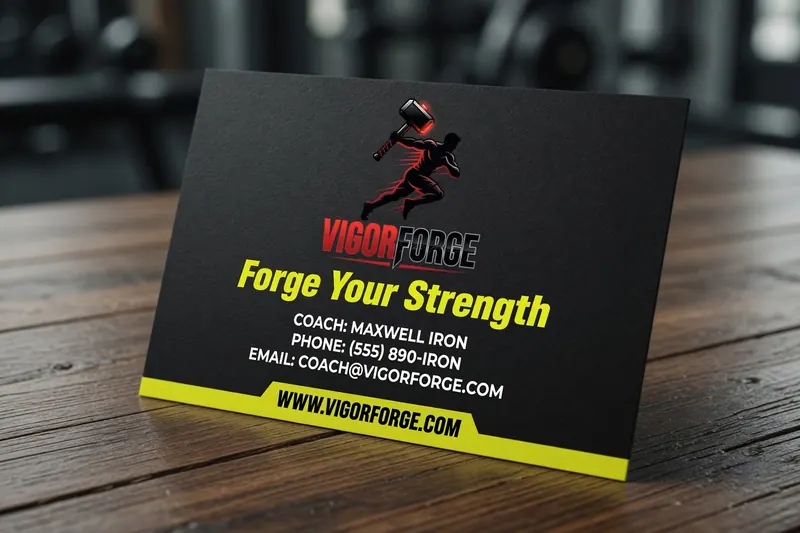 Tarjeta negra con imagen de hombre con martillo. Texto: "Vigor Forge: Forge Your Strength". Incluye contacto del entrenador. Ambiente de gimnasio.