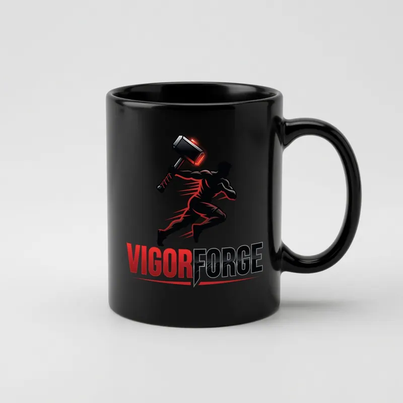 Taza negra con diseño de figura corriendo y martillo rojo. Texto: "VIGOR FORGE". Fondo blanco, estilo dinámico y enérgico.