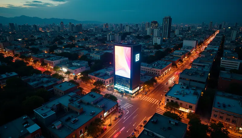 Vista aérea de una ciudad mexicana con pantallas digitales y anuncios luminosos