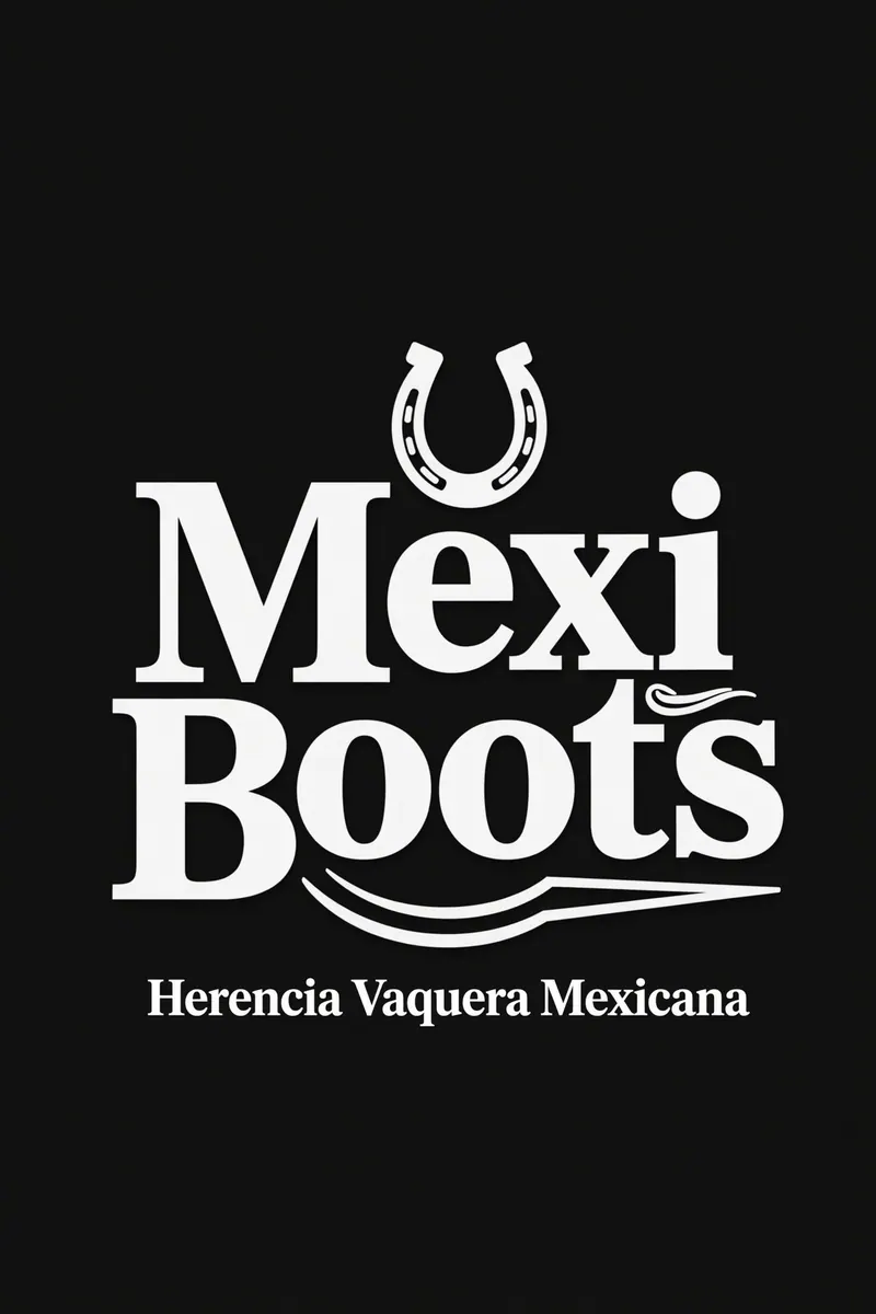 Texto blanco en fondo negro: "Mexi Boots" con herradura y línea curva. Abajo, "Herencia Vaquera Mexicana". Estilo elegante y tradicional.