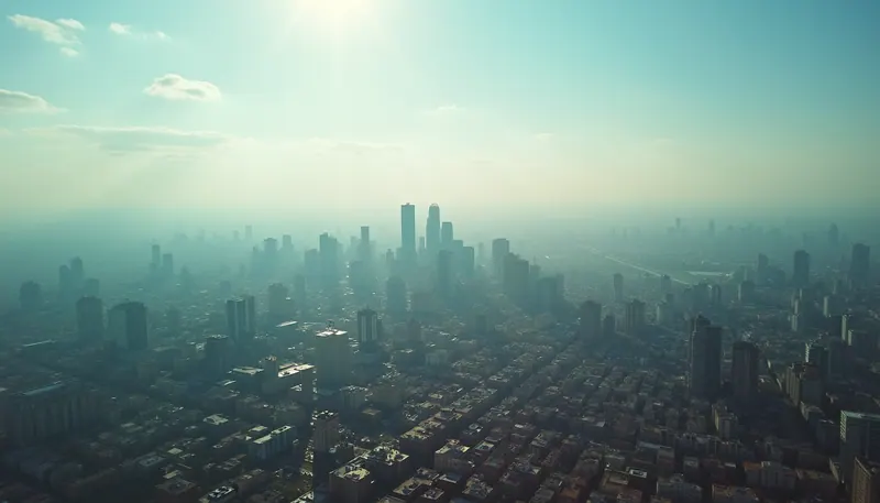 Vista aérea de una ciudad con gráficos digitales superpuestos